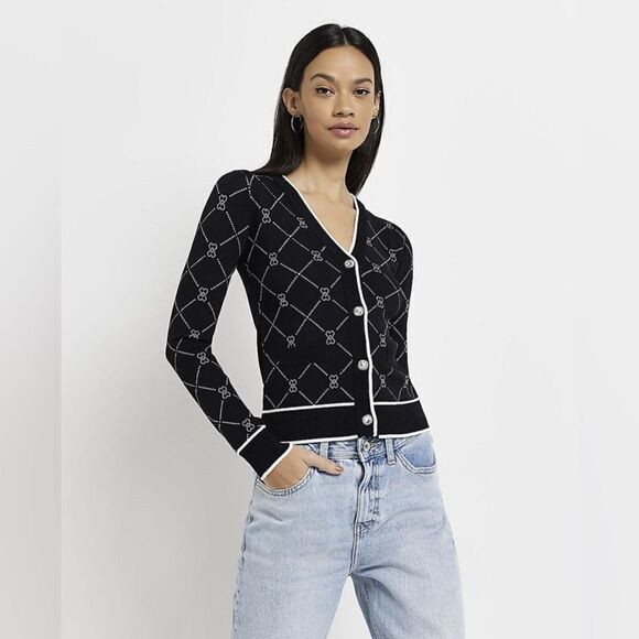 River Island London Black argyle Heart Knit Cardigan Sz 14 - Picture 3 of 12
